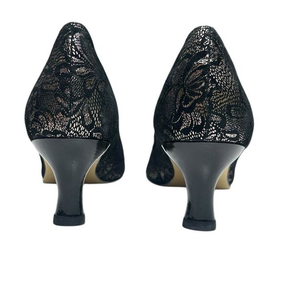 Fine Leather Rose Petals Black Lace Heels Size 12 Narrow Black Silver Patterned - Picture 8 of 13